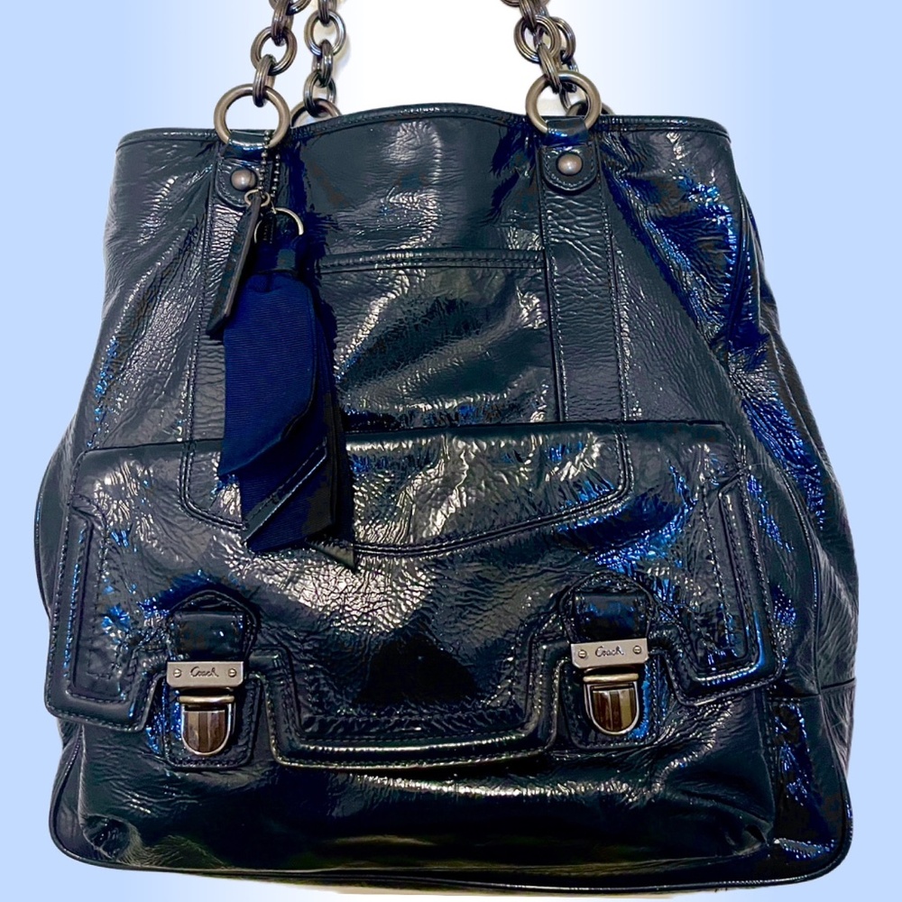 Coach Poppy Liquid Gloss Navy Blue Gunmetal Hardware Hobo Bag